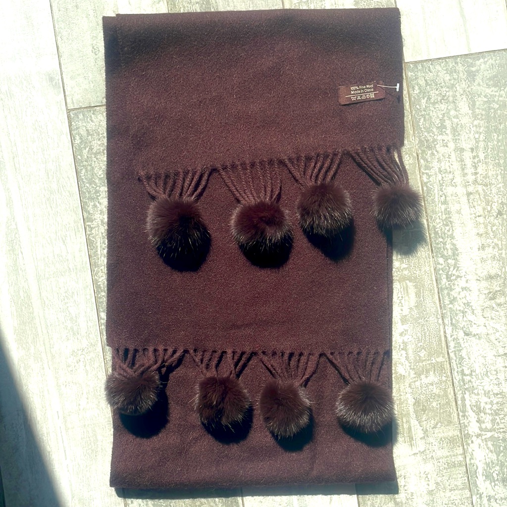100% Fine Wool Mink Dangle Pompons Long Rectangle Scarf